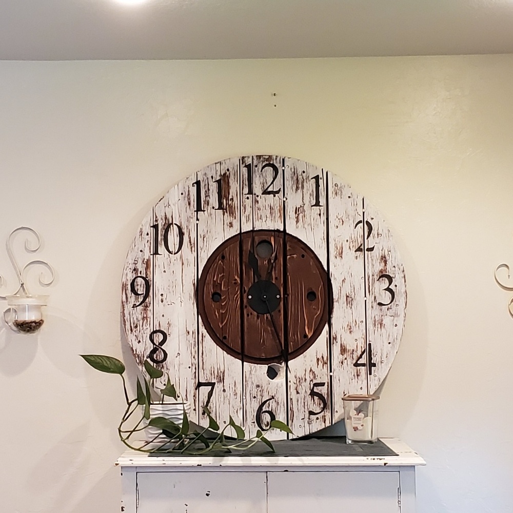 Rustic country farmhouse wooden spool clock 35in.